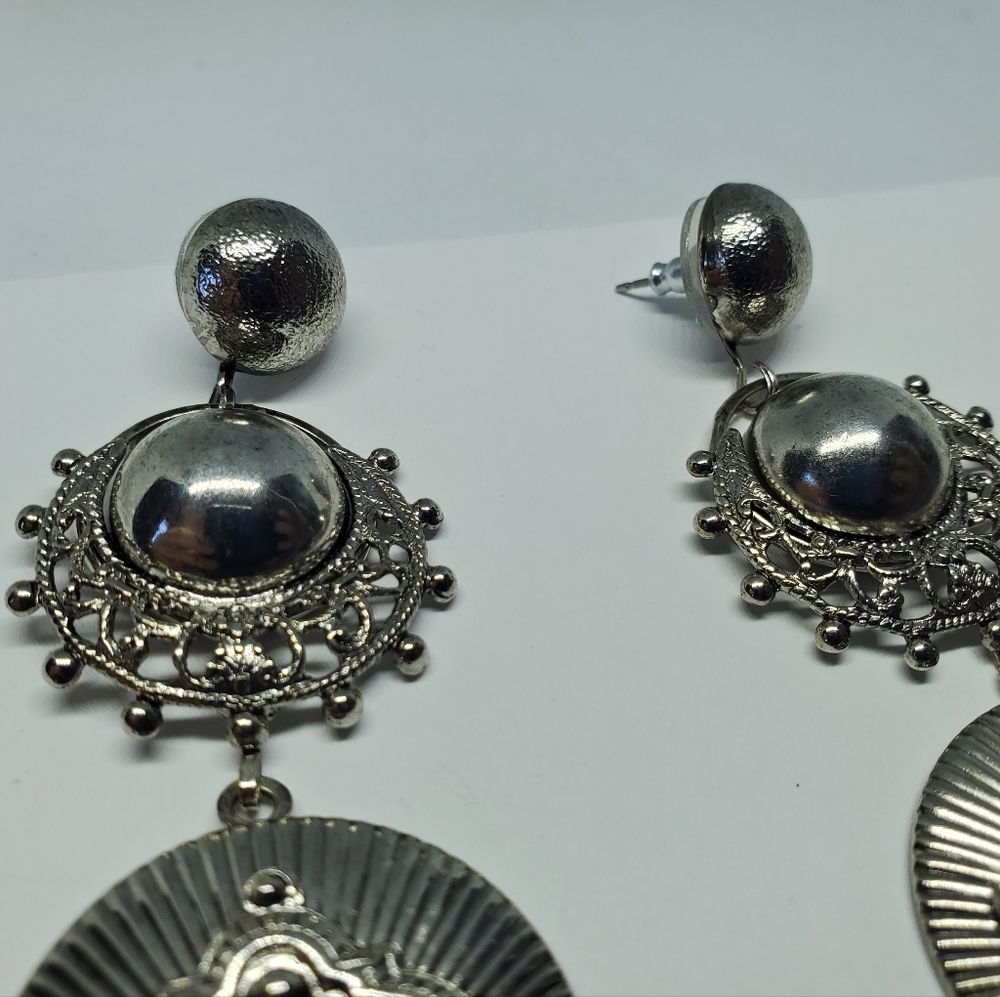 Elizabeth Cole Huge Silver Tone Ornate Statement Dangle Earrings - Picture 3 of 6